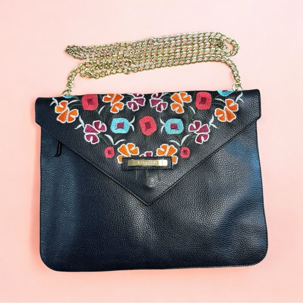 Tannino Cuervo Embroidered Leather Envelope Clutch Removable Gold Chain